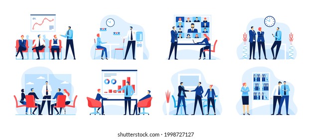 Business meeting. Office workers at video conference meeting. Businesspeople working together. Successful partnership, teamwork vector concept set. Online cooperation, company strategy