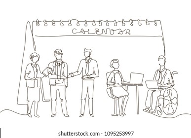 Business meeting - one line design style illustration on white background. A composition with office workers or businessmen with different physical abilities working together. Big calendar behind