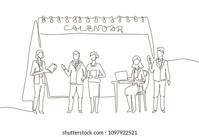 Business meeting - one line design style illustration on white background. A composition with office workers or businessmen, sitting at computer, talking. Time management concept