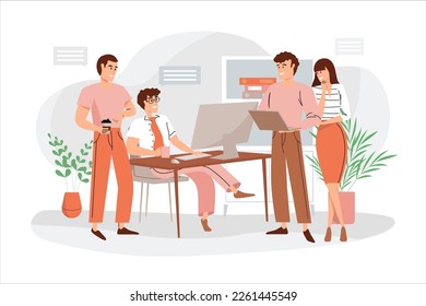 Business meeting orange concept with people scene in the flat cartoon design. Whole business team gathered to discuss joint work. Vector illustration.