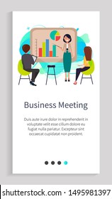 Business meeting of organization employees vector, businesswoman making report in front of audience using infographics and communicate with people. Website or app slider, landing page flat style