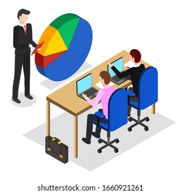 Business meeting of partners or company members. Seminar or education for employees with laptops. Speaker and listeners audience at lecture. Man presenting statistics pie diagram, vector in isometric