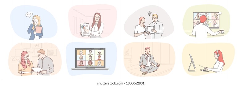 Business, meeting, partnership, brainstorming, meditation, communication, teamwork set concept. Collection businessmen women clerks managers work together planning strategy talking online illustration