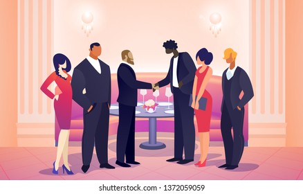 Business Meeting of People Group Stand Face to Face Shaking Hands, Agreement Communicating. Businessman Team Leaders Meet for Successful Deal Signing in Restaurant. Cartoon Flat Vector Illustration.