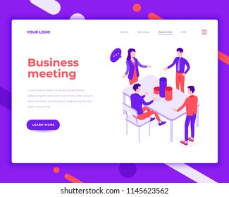 Business meeting people and interact with office. Landing page template. 3d isometric vector illustration.