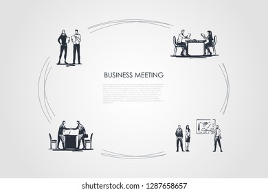 Business meeting - business people making presentations, negociating, making reports, communicating vector concept set. Hand drawn sketch isolated illustration