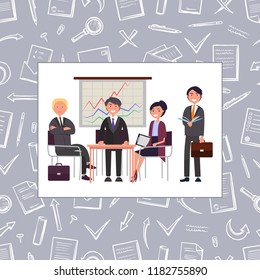 Business meeting of people seamless pattern of office supplies vector. Managers and team leader discussing problems and innovative ideas on seminar