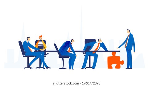 Business meeting. Business people sitting by the meeting desk, talking and discussing strategy, arguing, trying to find solution, taking a risk, Business concept illustration
