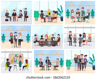 Business meeting of people vector, workers wearing formal suits. Man and woman with ideas for company, businessman and businesslady at workplace set