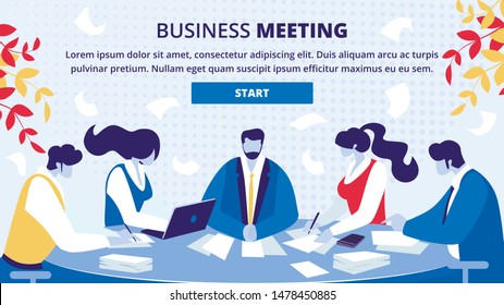 Business Meeting Planning, Negotiation Organizing Online Service Flat Vector Web Banner, Landing Page. Company Employees, Business Partners Sitting at Desk, Conducting Negotiation, Signing Contract