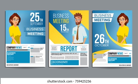 Business Meeting Poster Set Vector. Businessman And Business Woman. Layout. Presentation Concept. Corporate Banner Template. A4 Size. Flat Cartoon Illustration
