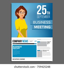 Business Meeting Poster Vector. Business Woman. Invitation And Date. Conference Template. A4 Size. Cover Annual Report. Flat Cartoon Illustration