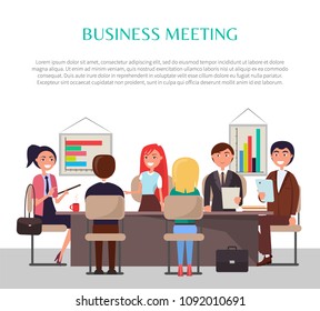 Business meeting poster with workers at table. Men and women on conference analyze graphics or charts banner that has sample text vector illustration.