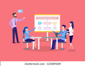 Business meeting, presentation with chart, teamwork. Employees, discussion and brainstorming, office colleagues at conference vector illustration.