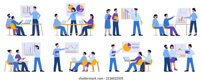 Business meeting or presentation, business coach and office team. Office team business training or conference vector illustration set. Teamwork presentation business meeting and seminar