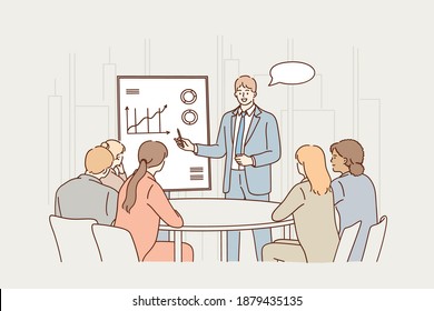 Business meeting, presentation, coaching concept. Group of young business workers partners sitting in office and listening to businessman colleague presentation on marketing data development 