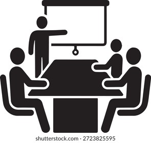 Business meeting presentation icon vector. Silhouette of a team sitting at a conference table while a leader points at a projection screen. Boardroom strategy and workshop symbol.