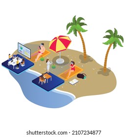 Business meeting and presentation in metaverse from the beach isometric 3d vector concept for banner, website, illustration, landing page, flyer, etc.