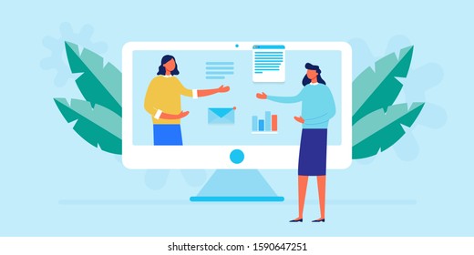 business meeting and presentation with online video conference in office with manager. People video calling and talking about data analysis, consultation, seminar, online training, school courses. 