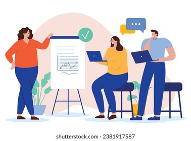 Business meeting presentation - People in office with computers watching woman presenting results, data and graph at work. Flat design vector illustration with white background