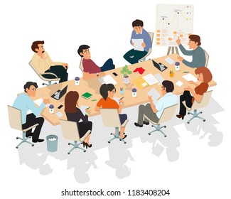 Business meeting. Presentation of the project. Man speaks before his colleagues. Vector illustration