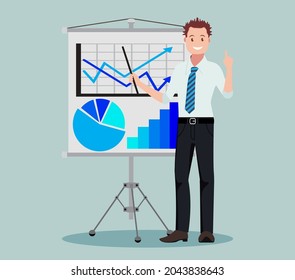 A business meeting. Presentation of the project. A man presents a project. Vector illustration in a flat style.