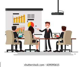 Business meeting. Presentation of the project. Man speaks before his colleagues. Vector illustration of a flat design