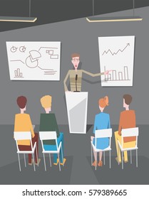 Business meeting. Presentation of the project. Man speaks before his colleagues. Vector illustration of a flat design