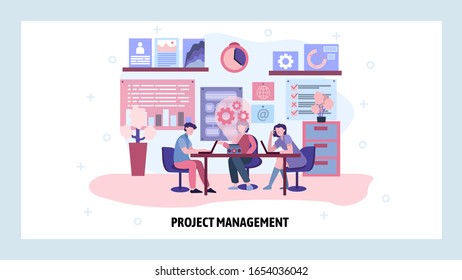 Business meeting and presentation. Project management team. Business education seminar with 3d projector. Vector web site design template. Landing page website concept illustration