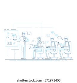 Business meeting. Presentation of the project. Professionals speaks before his colleagues. Vector illustration of a flat design