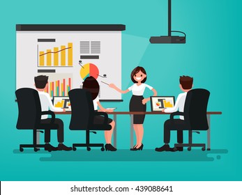 Business meeting. Presentation of the project. A woman speaks before his colleagues. Vector illustration of a flat design