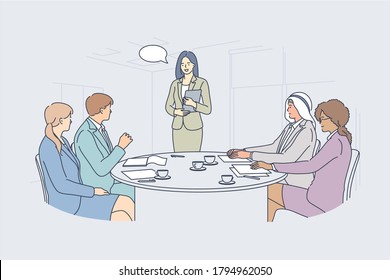 Business, meeting, presentation, seminar, teamwork, communication concept. Young happy businesswoman clerk manager presenting project plan to multiethnic african american muslim colleagues at office.