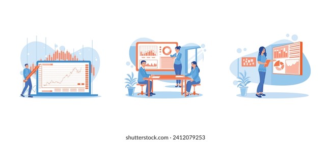 Presentaciones de reuniones de negocios. Estadísticas y datos. Nueva idea de crecimiento de negocios. Concepto de Análisis de Crecimiento. Establecer ilustración vectorial plana.