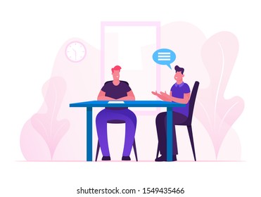 Business Meeting Process. Couple of Office Workers or Business Partners Characters Sitting at Table in Office Signing Paper Documents Conducting Corporate Negotiation. Cartoon Flat Vector Illustration