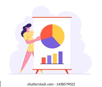 Business Meeting, Project Presentation, Female Character Business Coach Pointing on Financial Pie Chart on Flip Board, Data Analysis Statistics, Corporate Education, Cartoon Flat Vector Illustration