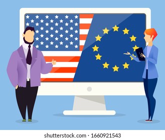 Business meeting of representatives of european country and united states. Man and woman standing by screen with eu and us flags. Male and female discussing problems of companies vector in flat