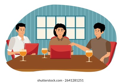 Business meeting at restaurant concept. Collaborative Team engage in a friendly discussion at a table, fostering teamwork and collaboration in a comfortable restaurant.