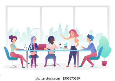 Business meeting room flat vector illustration. Businessmen and businesswomen, corporate workers characters at conference. Coworking space, open office. Business partnership, negotiations