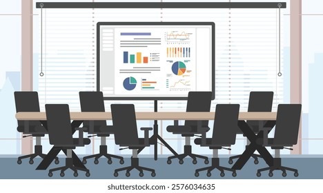 Business meeting room with a projector, Room with presentation showing business data on projector screen.