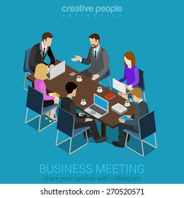 Business Meeting Room Team Collaboration Flat 3d Web Isometric Infographic Concept Vector. Businesspeople Around Table Working With Laptop Tablet. Creative People Collection.