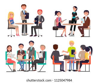 Business meeting at round table among colleagues. Office workers on conference with documents and modern devices isolated vector illustrations set.