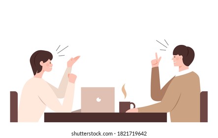 Business meeting scene illustrations. The man and the woman are sitting at the table and having a conversation.