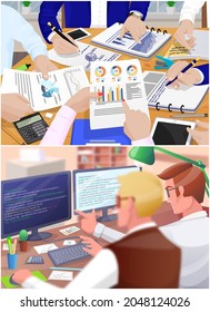 Business meeting scenes set with brainstorming team discussion people, programmers write program code. Teamwork staff around table with documents and statistics chief art director checks report