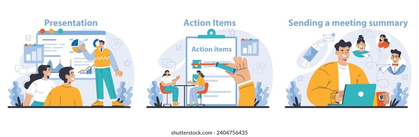 Business meeting set. Engaging presentations, identifying key action items, and summarizing for effective follow-up. Streamlined corporate communication. Flat vector illustration.