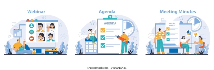 Business meeting set. Interactive webinar engagement, detailed agenda planning, and concise meeting minutes documentation. Seamless corporate coordination. Flat vector illustration.