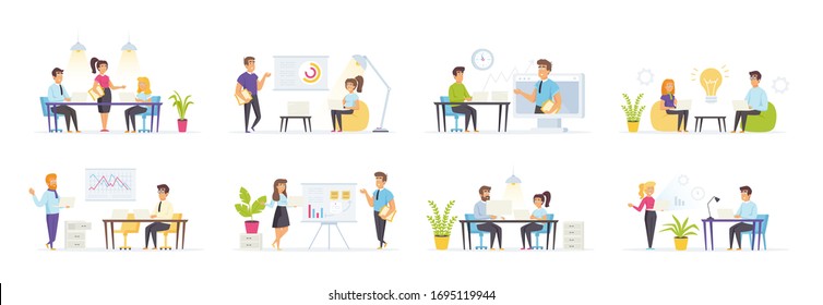 Business meeting set with people characters in various scenes creator kit and situations. Speaker making presentation, businessperson. Bundle of office workers cooperation in flat style.