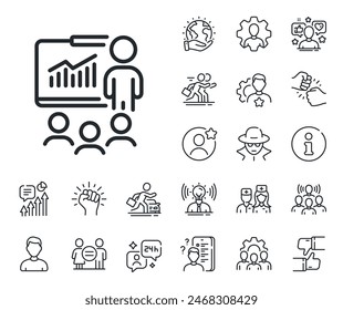 Business meeting sign. Specialist, doctor and job competition outline icons. Presentation line icon. Conference symbol. Presentation line sign. Avatar placeholder, spy headshot icon. Vector