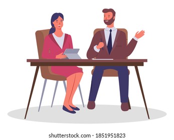 Business meeting, signing an agreement. Businessman chief sitting at a table with pen in hand listening to employee woman holding tablet. Girl manager talking to boss about conclusion of new contract