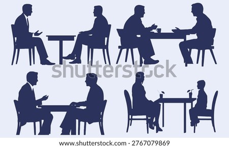 Business meeting silhouettes at tables, interview, discussion, conversation