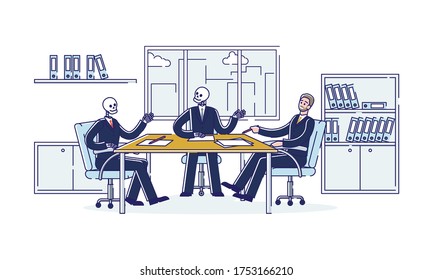 Business meeting. Skeleton workaholic businesspeople negotiating with partner sign agreement. Dead from overwork office workers with newcomer colleague. Linear vector illustration